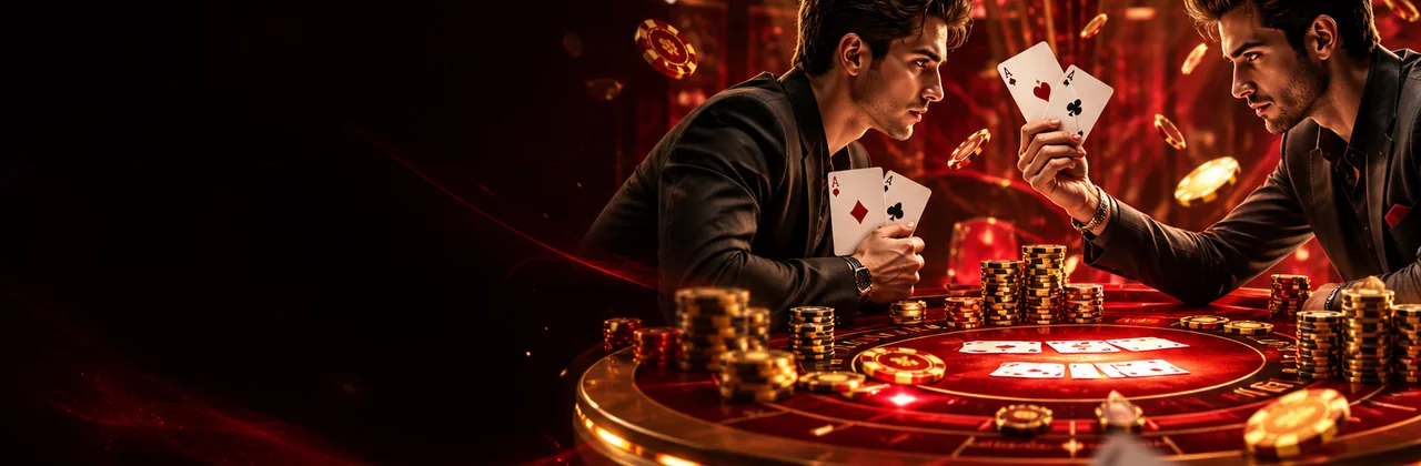 Bàn game bài chiến thuật với chip vàng và ánh đèn đỏ ruby