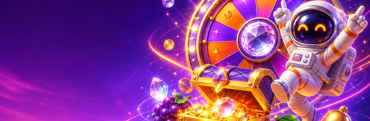 Vòng quay pha lê và kho báu phát sáng trong không gian slot đầy màu sắc
